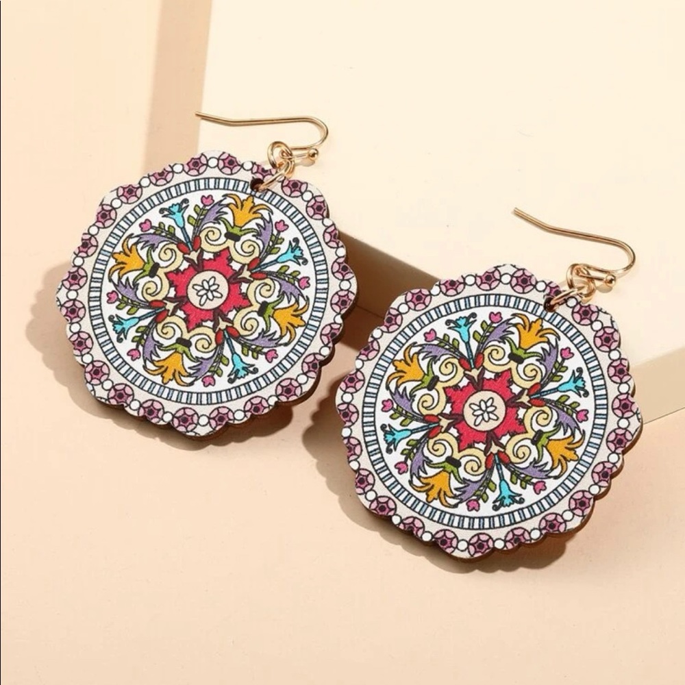 5/$25 FLORAL WOOD DANGLES